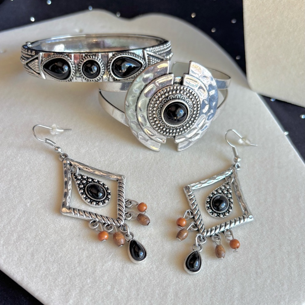Sterling-Style Silver Black Stone Cuff Bracelet - Women